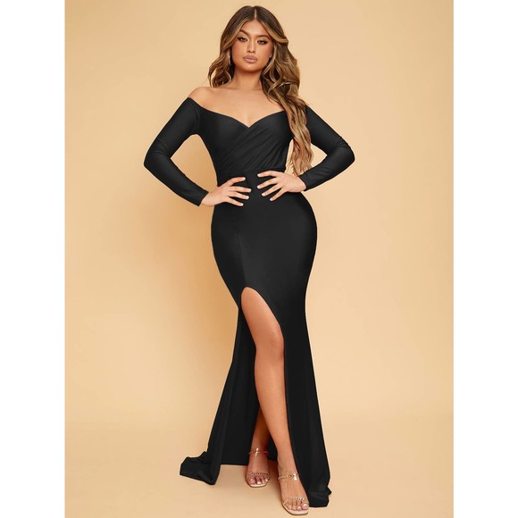BohoGypsyDreamer.com Dresses & Skirts - Long sleeve Solid Off Shoulder Split Thigh Dress maxi black